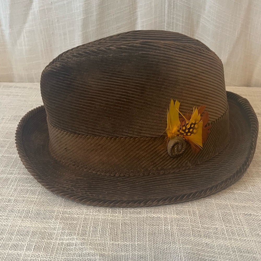 Vintage Corduroy Fedora Union Made USA Brown Hat Size 7 1/4 Cozy Lodge Style